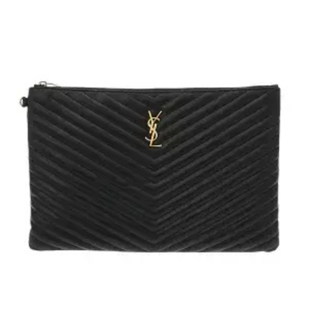 Saint Laurent Monogram Holder Quilted Leather Clutch Bag Black